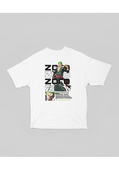 Tasarım Roronoa Zoro Baskılı Unisex Oversize Anime Karakter Tişör Beyaz