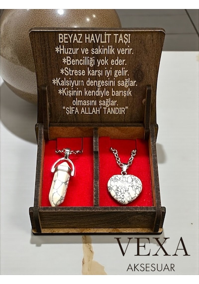 Çelik Beyaz Havlit Taşı Çift Sevgili Kolyesi 316l Çelik Şans Bilekliği Hediyeli Gümüş