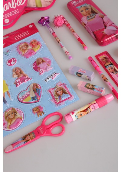 X Dekomus Lisanslı Barbie 12 Parça Kırtasiye Seti Kalem Kutusu,ponponlu Geçmeli Kalem,ponponlu Geçmeli Kalem Ve Basmalı Silgi Seti Altın