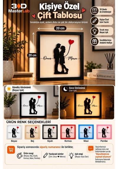 Led Işıklı İsimli Dekoratif Çerçeve Eş / Sevgili / Çift 20 Cm