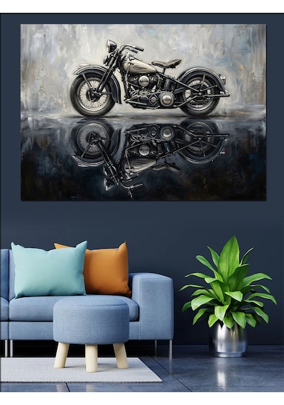 Siyah Fonda Modern Klasik Motosiklet Dekoratif Kanvas - Mdf Ahşap Tablo