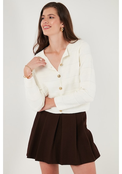 Lela Premium Regular Fit Bisiklet Yaka Düğmeli Dokulu Triko Bayan Hırka 680Hi00337 Ekru
