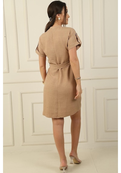 By Saygı Beli Kuşaklı Keten Elbise-38326 - Camel