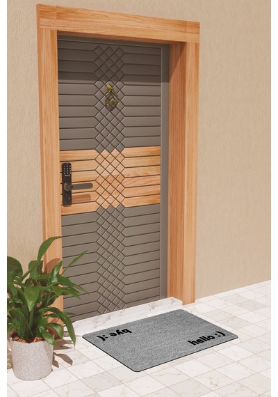 Rugmood Modern Dijtal Baskı Gri Hello Ve Bye Kapı Önü Paspası