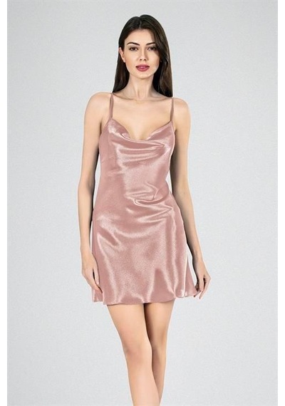 Aria's Closet Şık Tasarım Yumuşak Dokulu Vizon Degaje Yaka Kısa Saten Gecelik