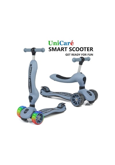 Smart Oturaklı Çocuk Scooter 3 Tekerlekli Işıklı Ledli Scooter Yükseklik Ayarlı 1-5 Yaş Gri