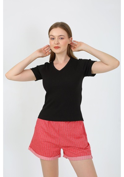 Akbeniz Kadın Kısa Kol Penye Şortlu Pijama Takım Siyah 3633