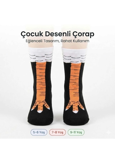 Tavuk Ayağı Desenli Çocuk Çorap Siyah Turuncu Eğlenceli Hayvan Figürlü Yumuşak Dokulu Günlük Çorap