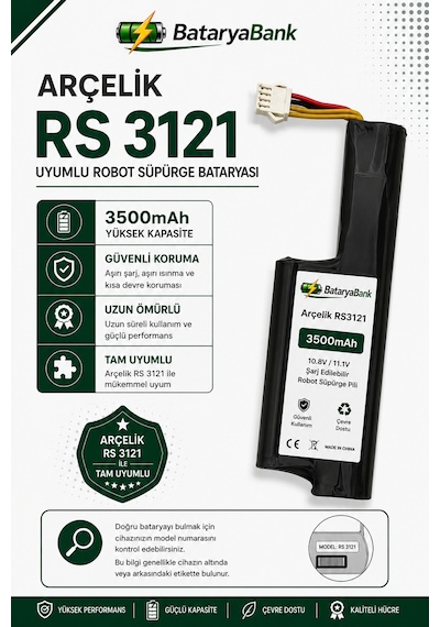 Arçelik Rs 3121 Uyumlu Robot Süpürge Bataryası 10.8v / 11.1v 3500mah Li-ion Şarj Edilebilir Yüksek Kapasiteli Pil