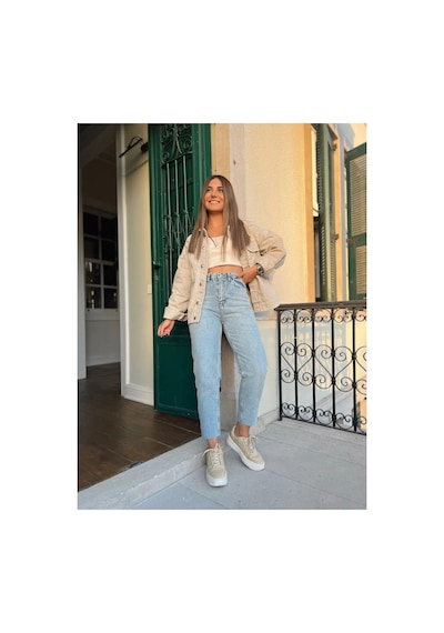 Woddi Kadın Mom Jeans Kot Pantolon Mavi Kar Taş1