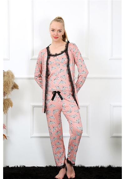 İbrahim Burak Etiler Collection Moda Çizgi Kadın 3'lü Somon Sabahlık Pijama Takım 16103