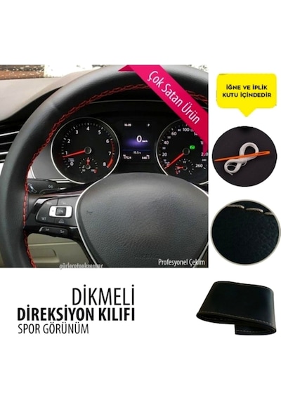 Universal Kamyon Tır Otobüs Dikmeli Direksiyon Kılıfı Soft Siyah Kırmızı İpli 45 10.5cm