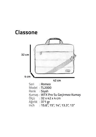 Classone Romeo Serisi TL2000 WTXpro Su Geçirmez Kumaş 15.6" Notebook Laptop El Çantası Siyah