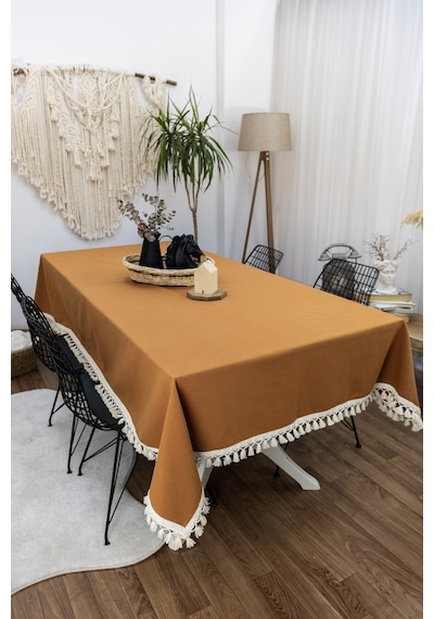 Dnc Home Tekstil  Kiremit Tarçın Renk Keten Ham Ponponlu Masa Örtüsü 001