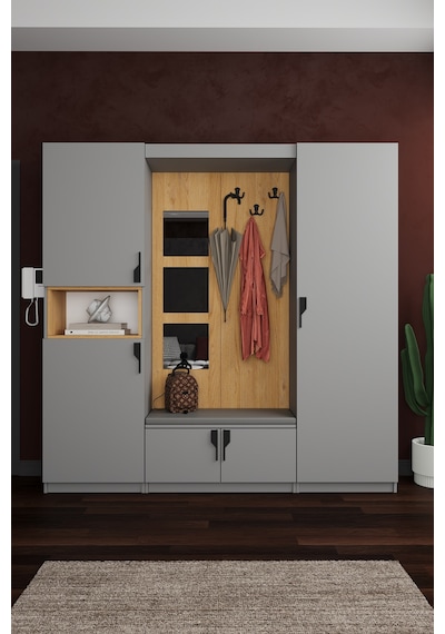 Lüks Aynalı Portmanto Askılı Vestiyer %100 Mdf Çok Raflı Ayakkabılık V05 Kül Gri - Karina Lüks Aynalı Portmanto Askılı Vestiyer %100 Mdf Çok Raflı Ayakkabılık V05 Kül Gri - Karina