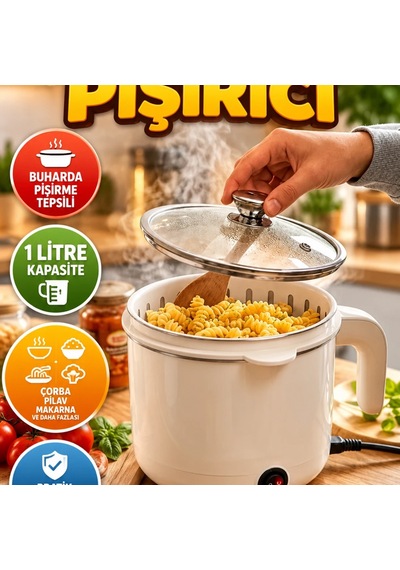 1 Litre Elektrikli Mini Pişirici Çorba, Pilav Ve Makarna İçin Buharda Pişirme Tepsili Renkli