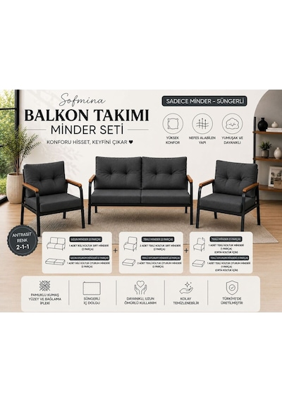 Kafe, Bahçe, Balkon Ve Teraslara Uygun 2-1-1 İçidolu Sünger Antrasit