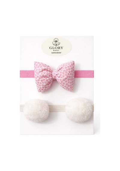 Pamuk Kız Bebek Fiyonk Bandana 2'li Set Pembe- Ekru Ponpon Pembe- Ekru Ponpon