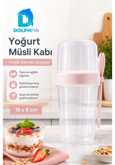 Yoğurt Müsli Kabı Kaşıklı Çift Bölmeli Sızdırmaz Taşınabilir Pembe 18x8 Cm Beyaz