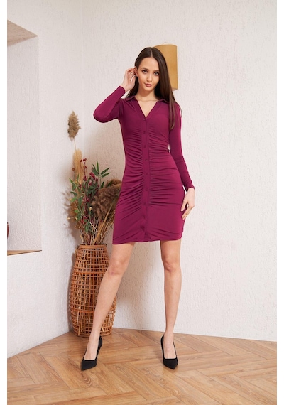 Darlin Moda Mürdüm Önü Düğmeli Ve Büzgü Detaylı Uzun Kollu Elbise DM1022