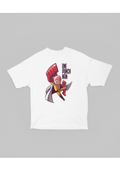 Tasarım One Punch Man Baskılı Unisex Oversize Anime Dizi Karakter Beyaz