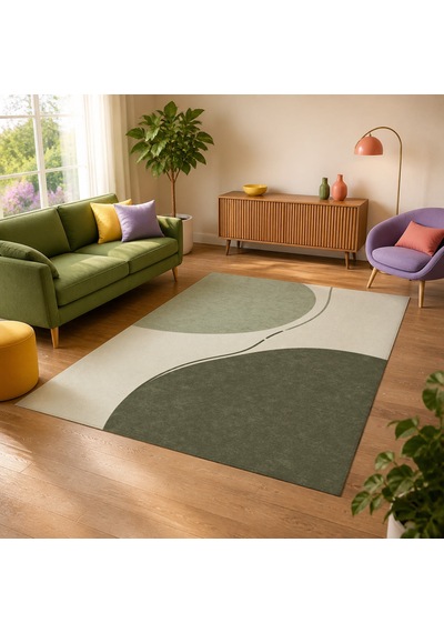 Kartela Halı Denge Soyut Modern Halı Adaçayı Yeşili Kaymaz Taban Makinede Yıkanabilir 120x180 Cm