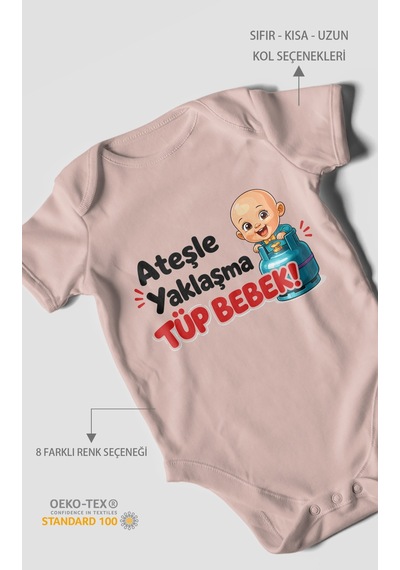 Morivokids Ateşle Yaklaşma Tüp Bebek Kısa Kollu Bebek Body %100 Pamuk Pastel Pembe