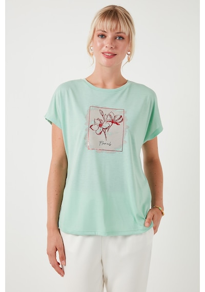 Lela Baskılı Bisiklet Yaka Regular Fit Bayan T Shirt 6671002 Mint