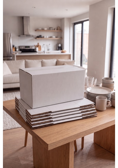 15 Adet Ev Taşıma Kolisi 52x35x28 Cm Bc Dalga Beyaz Koli + 15 Adet Kırılabilir Etiketi Dayanıklı Taşıma Kolisi