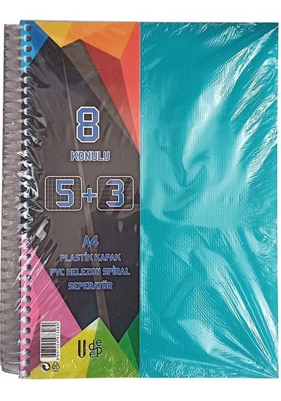 5+3 Ayraçlı Defter 8 Konulu 200 Yaprak 1 Adet 5 Kareli 3 Çizgili Spralli Plastik Kapak Seperatörlü Yeşil