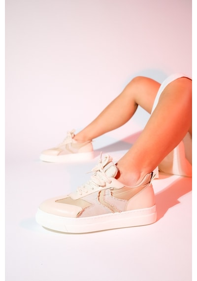 Luvishoes Sande Bej Denim Detaylı Kadın Spor Sneakers Bej