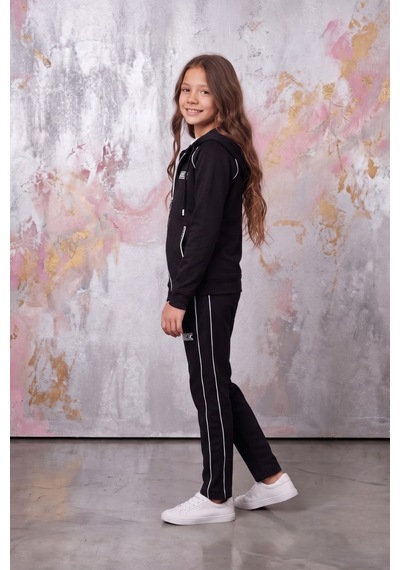 Pina Kids Kız Çocuk Atheletic Reglan Kol Kapüşonlu Düz Paça Dalgıç Kumaş Eşofman Takımı Esf7018 siyah