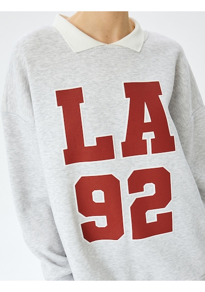 Koton Oversize Kolej Baskılı Polo Yaka Sweatshirt Kar Melanj 5sal10518ık Gri Melanj