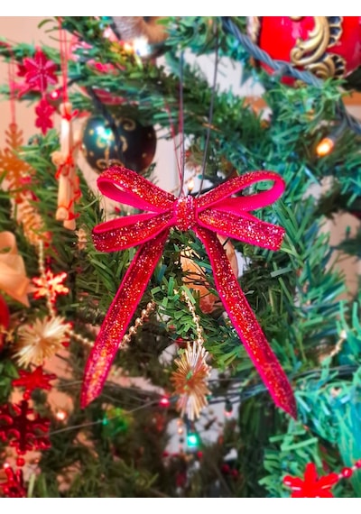 Paşateks 5li Set Simli Kırmızı Fiyonk Askılı Yılbaşı Noel Ağaç Süsü Ve Dekoratif Kurdele