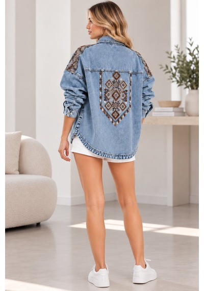 Lima Mavi Kadın Açık Mavi Etnik Desenli Kot Ceket Oversize Çıtçıt Düğmeli Cepli Uzun Kollu Denim Gömlek Ceket Lima Mavi Kadın Açık Mavi Etnik Desenli Kot Ceket Oversize Çıtçıt Düğmeli Cepli Uzun Kollu Denim Gömlek Ceket