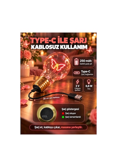 Kelebek Neon Dekoratif Masa Lambası Ampul Şeklinde Yeni Nesil Aydınlatma Pembe Kelebek Çok Renkli