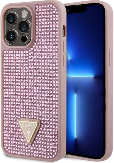 Apple iPhone 14 Pro Max Uyumlu Kılıf Guess  Lisanslı Taşlı Arka Yüzey Üçgen Logolu Kapak Pembe