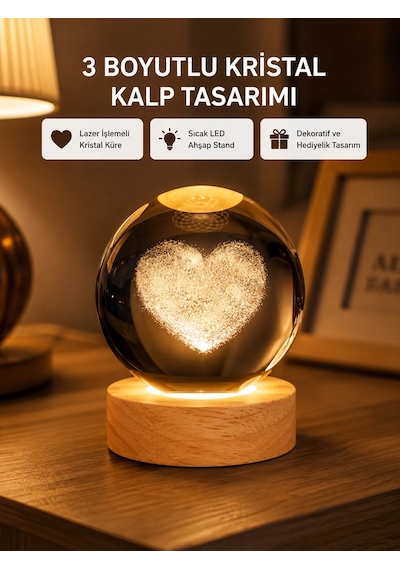 Romantik Kalpli Kristal Cam Küre Usb Li Işıklı Dekoratif Obje 52090952