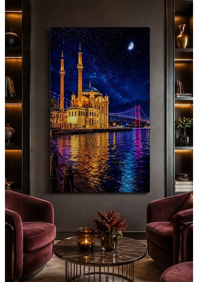 Ortaköy Camii Baskılı Cam Tablo Gece Boğaz Manzaralı Duvar Dekoru