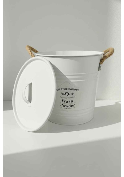 Metal 9 Litre Kapaklı Deterjanlık Ve Deterjan Saklama Kovası - Çok Amaçlı Banyo Saklama Kabı Beyaz