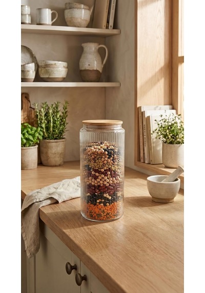 Bambu Kapaklı Cam Saklama Kabı, 1350 Ml, Silindir, Kuru Gıda, Bakliyat, Makarna Ve Baharat İçin Çok Renkli