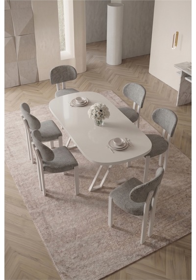 Opss 90x168 Beyaz Mdf Masa, Metal X Ayak, Metal Sandalye, 6 Kişilik Mutfak Masası Takımı Ve Yemek Masası Takımı Gri Opss 90x168 Beyaz Mdf Masa, Metal X Ayak, Metal Sandalye, 6 Kişilik Mutfak Masası Takımı Ve Yemek Masası Takımı Gri