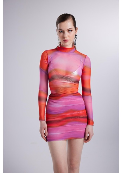Holly Lolly Balıkçı Yaka Astarlı Mini Çok Renkli İkili Inferno Takım Pembe
