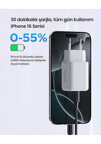 Ugreen 30w Gan Hızlı Şarj Cihazı 2 Portlu, 1xusb-a, 1xusb-c, Siyah, 65015