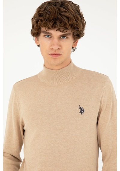 U.S. Polo Assn. Erkek Slim Fit Yarım Boğazlı Kum Melanj Basic Kazak 50293499-VR123