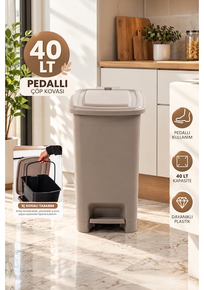 Porsima 1139 40 Lt İç Kovalı Pedallı Çöp Kovası - Slim Mutfak Ve Banyo Çöp Kovası Latte / Bej