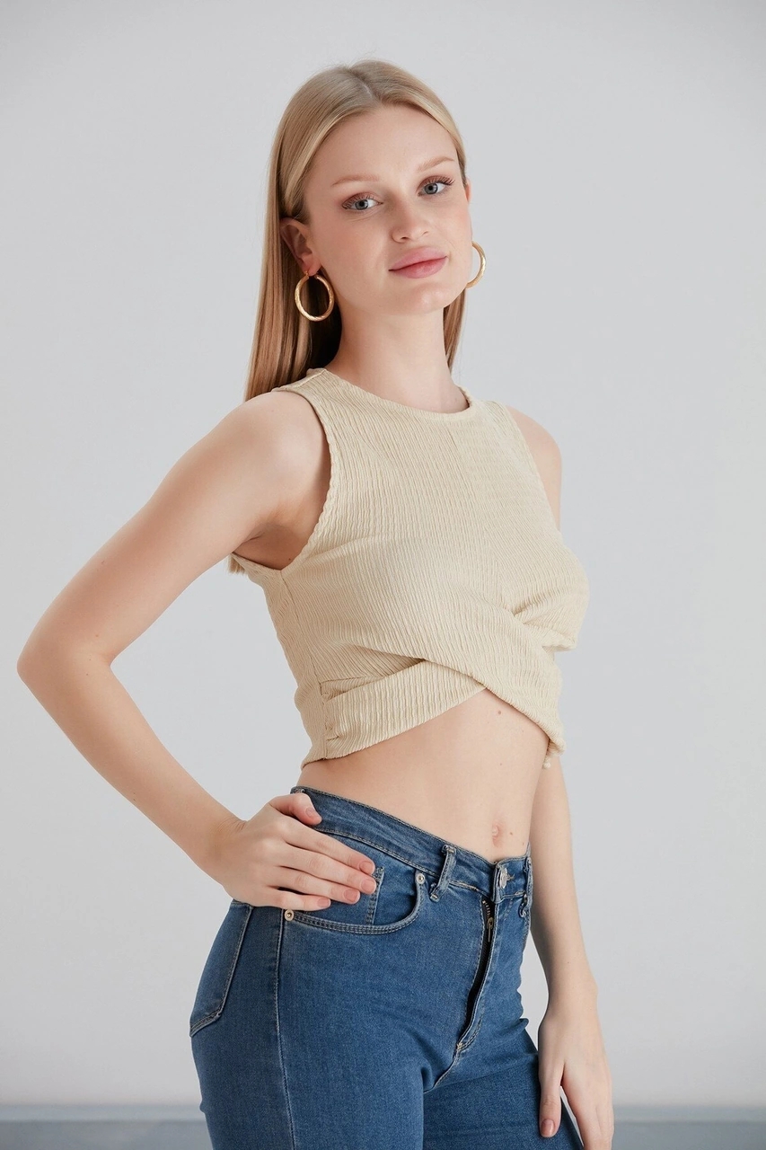 Mamayaga Kadın Önü Düğüm Model Kolsuz Spor Şık Curve Croptop Bluz Krem