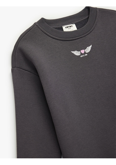 Koton Uzun Kollu Bisiklet Yaka Baskılı Şardonlu Sweatshirt Antrasit 6wkg10403ak