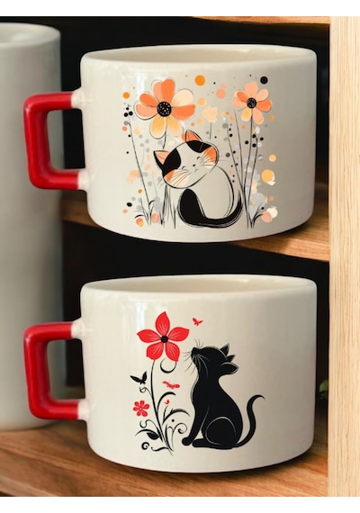 Kedi 2'li Kupa Bardak - Kupa Fincan, Kupa Erkek, Kupa Çeşitleri, Kupa Bastırma, Kupa Baskı Tasarım Beyaz