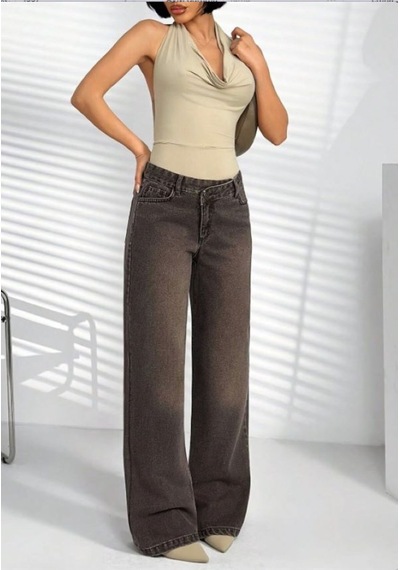 Kene Jeans Ön Asimetrik Kahverengi İşlemli Bol Paça Kot Pantolon Kahverengi
